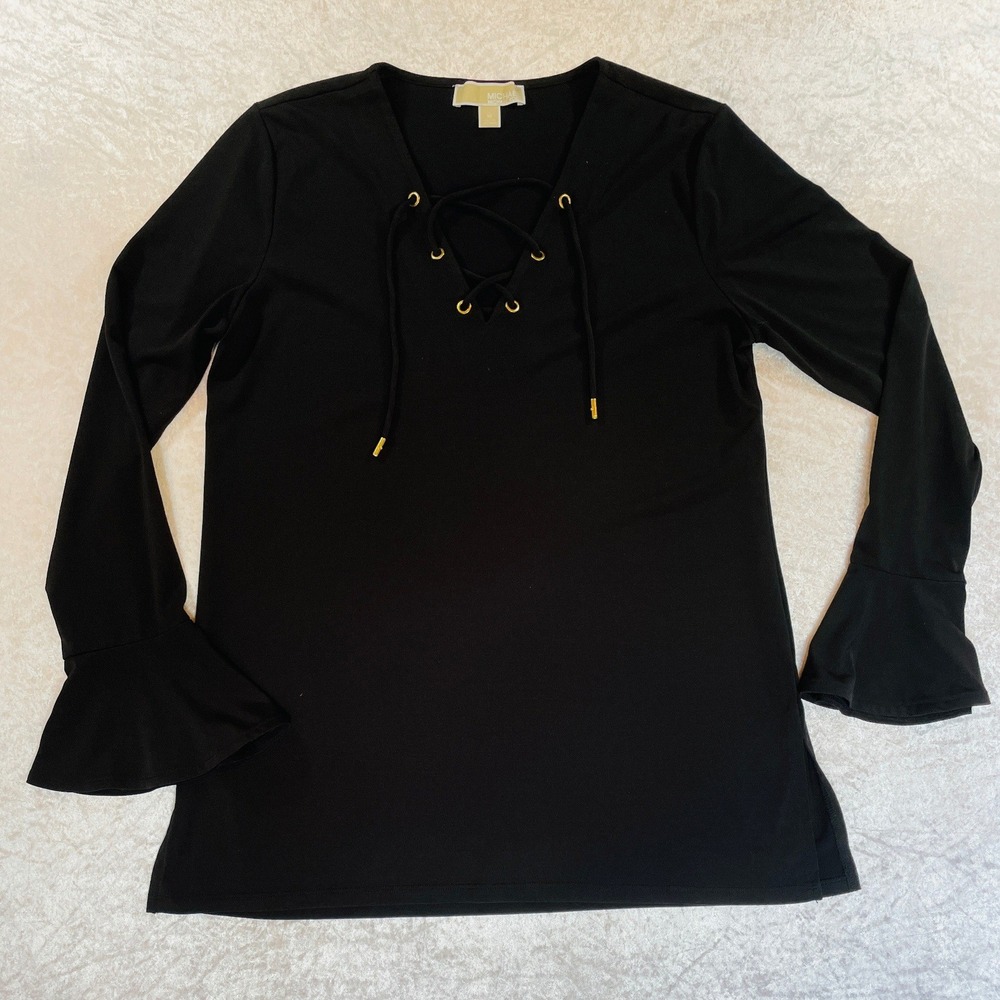 Michael Kors Blouse Women Medium Black GUC Lace Up Bell Sleeve Top